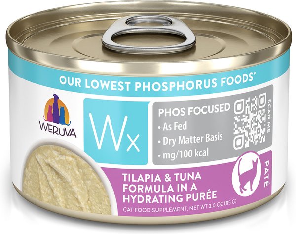 Weruva Wx Phos Focused Tilapia & Tuna Formula Grain-Free Puree Wet Cat Food, 3-oz can, case of 12 slide 1 of 9