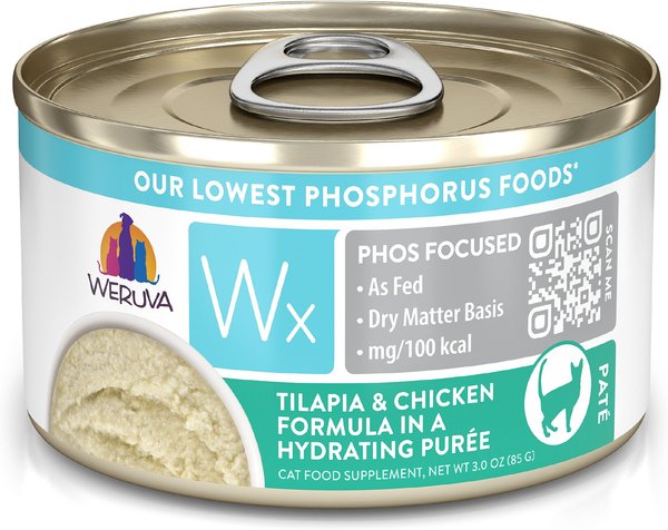 Weruva Wx Phos Focused Tilapia & Chicken Formula Grain-Free Puree Wet Cat Food, 3-oz can, case of 12 slide 1 of 9