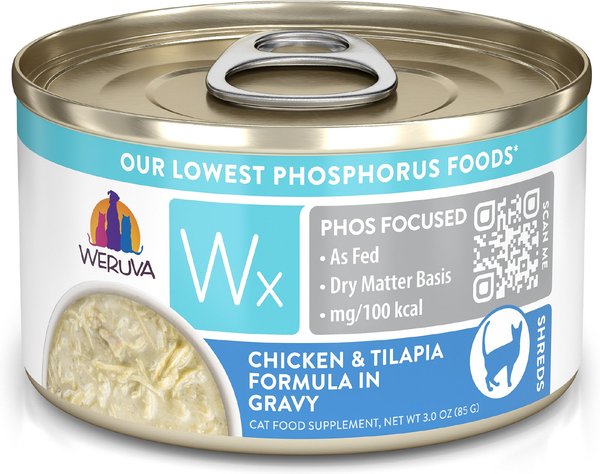 Weruva Wx Phos Focused Chicken & Tilapia Formula in Gravy Grain-Free Wet Cat Food, 3-oz can, case of 12 slide 1 of 9