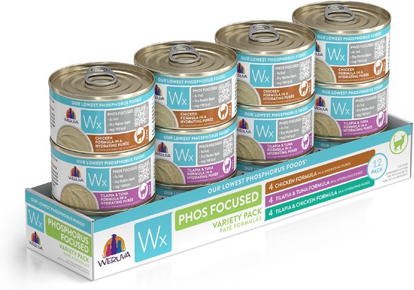 Weruva Wx Phos Focused Pate Variety Pack Grain-Free Wet Cat Food, 3-oz can, case of 12 slide 1 of 9