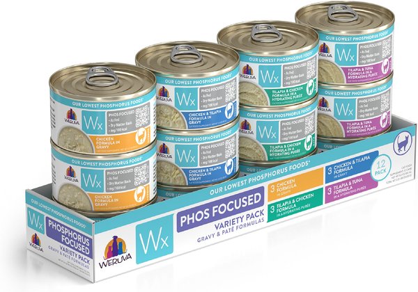 Weruva Wx Phos Focused Pate & Gravy Variety Pack Grain-Free Wet Cat Food, 3-oz can, case of 12 slide 1 of 9