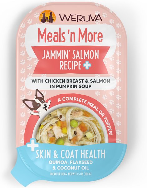 Weruva Meals 'n More Natural Wet Dog Food, Jammin' Salmon Plus Skin & Coat Health, 3.5-oz cup, 12 count