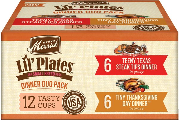 Merrick Lil’ Plates Dinner Duos Teeny Texas Steak Tips Dinner & Tiny Thanksgiving Day Dinner Variety Pack Grain-Free Wet Dog Food, 3.5-oz tub, case of 12 slide 1 of 8