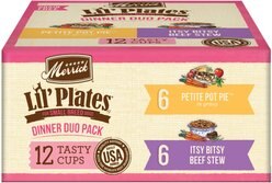 Merrick Lil’ Plates Dinner Duos Itsy Bitsy Beef Stew & Petite Pot Pie Variety Pack Grain-Free Wet Dog Food, 3.5-oz tub, case of 12