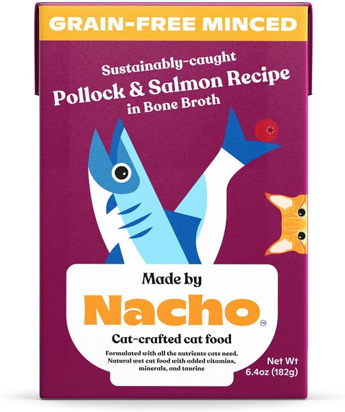 Made by Nacho Sustainably-Caught Pollock & Salmon Recipe in Bone Broth Minced Wet Cat Food, 6.4-oz tetra, case of 12, bundle of 2 slide 1 of 1