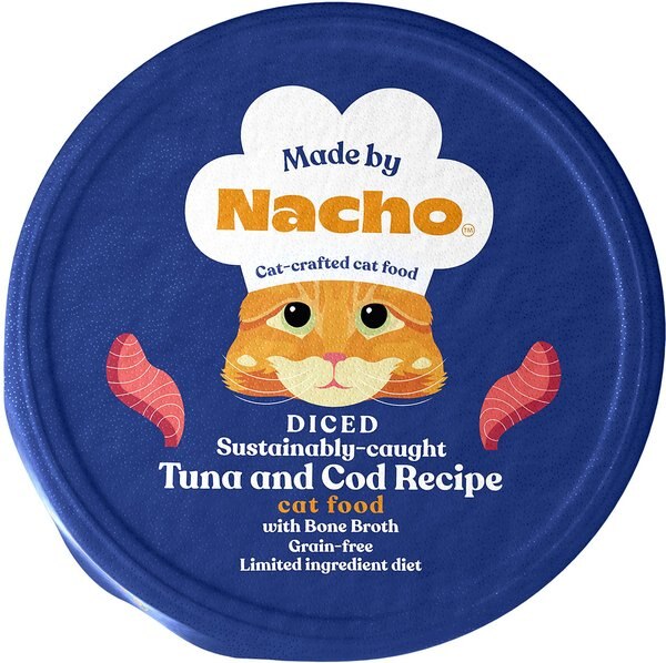 Made by Nacho Sustainably Caught Diced Tuna & Cod Recipe With Bone Broth Grain-Free Wet Cat Food, 2.5-oz cup, case of 10, bundle of 2 slide 1 of 2