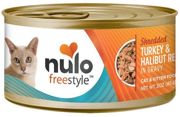 Nulo Freestyle Shredded Turkey & Halibut in Gravy Grain-Free Canned Cat & Kitten Food, 3-oz can, case of 24, bundle of 2 slide 1 of 2