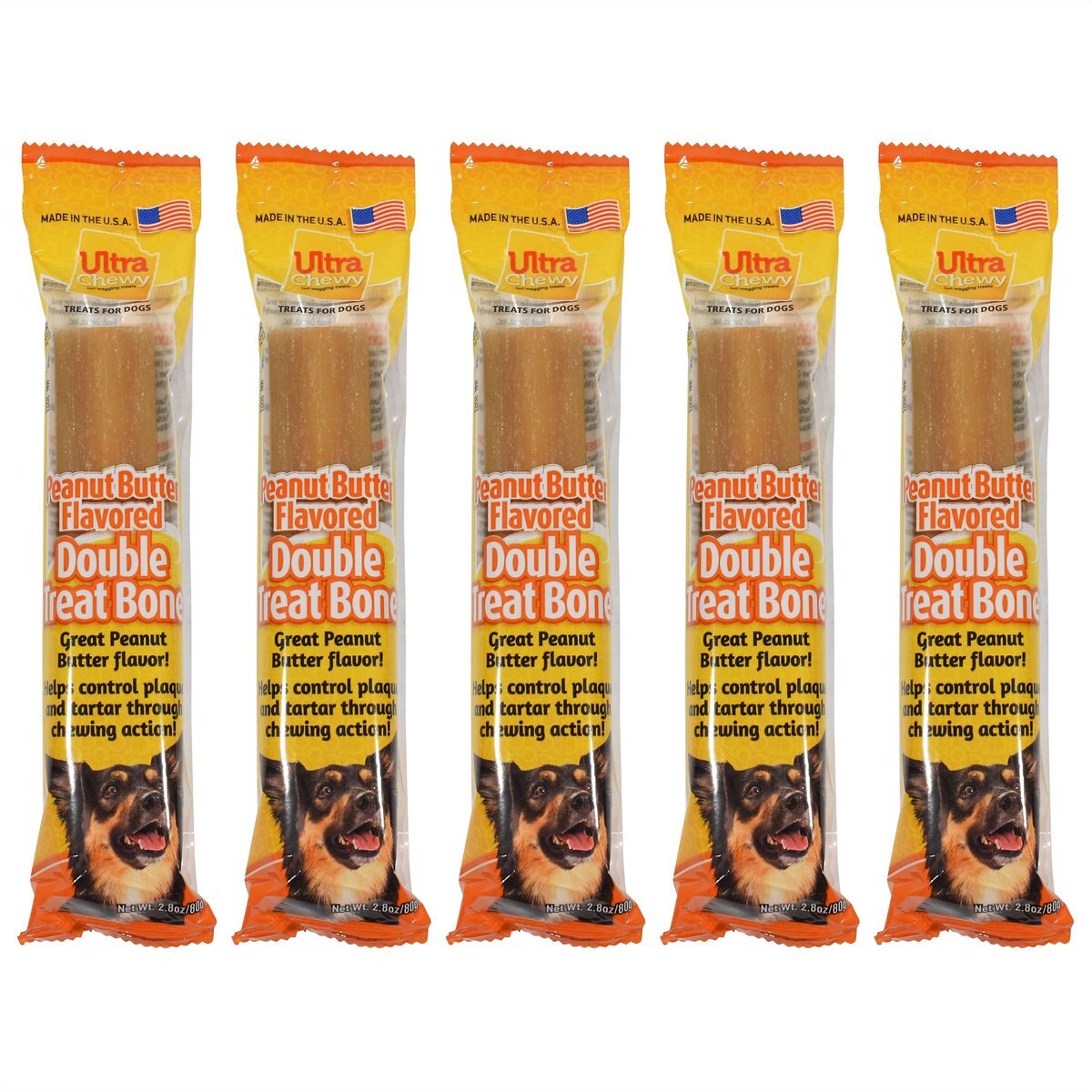 ULTRA CHEWY Double Treat Bone Peanut Butter Flavor Dog Treats, 5 count