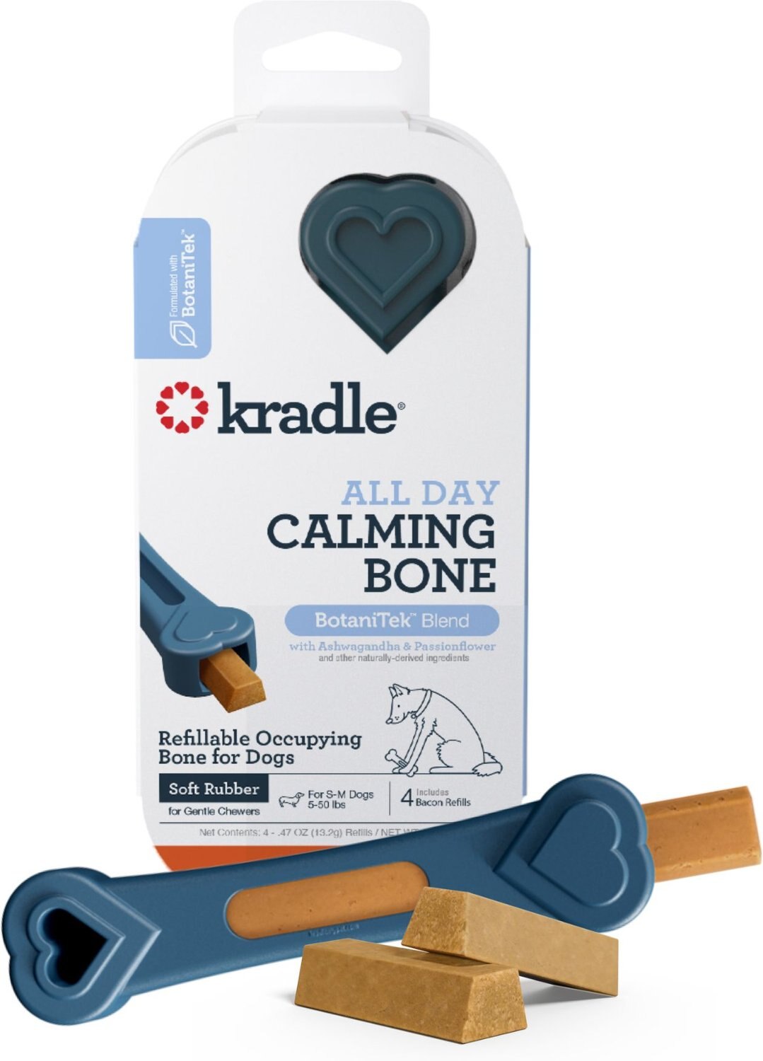 KRADLE All Day Calming 6inch Rubber Dog Bone Toy with Bacon Flavored