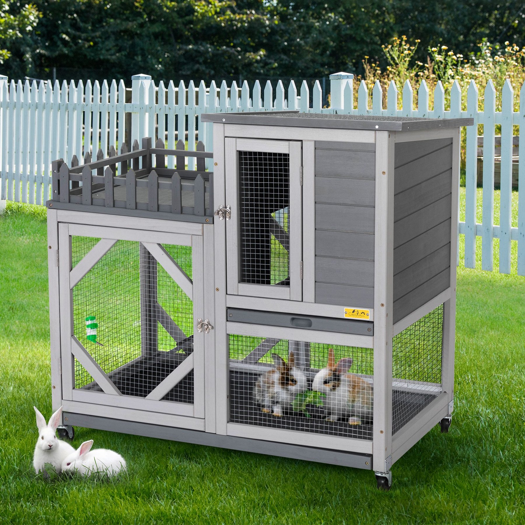 COZIWOW Rolling Rabbit Hutch with Balcony & Tray, Grey