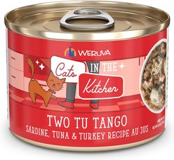 Weruva Cats in the Kitchen Two Tu Tango Sardine, Tuna & Turkey Recipe Au Jus Grain-Free Canned Cat Food, 3.2-oz, case of 24