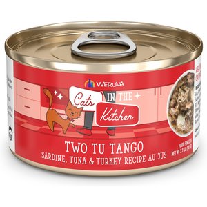 Weruva Cats in the Kitchen Two Tu Tango Sardine, Tuna & Turkey Au Jus Grain-Free Canned Cat Food, 6-oz, case of 24