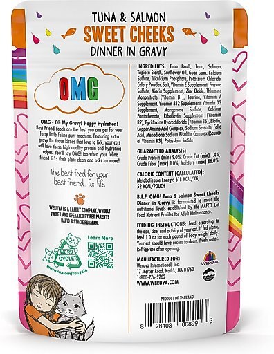 BFF Tuna & Salmon Sweet Cheeks Dinner in Gravy Wet Cat Food Pouches, 3-oz, case of 12