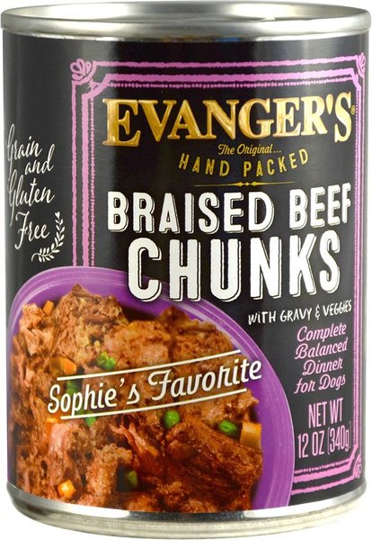 Evanger's Grain-Free Hand Packed Braised Beef Chunks with Gravy Canned Dog Food, 12-oz, case of 12 slide 1 of 5