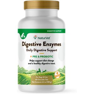 NaturVet Digestive Enzymes Plus Probiotic Chewable Tablets Digestive Supplement for Cats & Dogs, 60 count