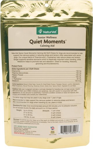NaturVet Senior Wellness Quiet Moments Calming Aid Chamomile, Passion Flower & L-Tryptphan Plus Melatonin Dog Supplement, 65 count