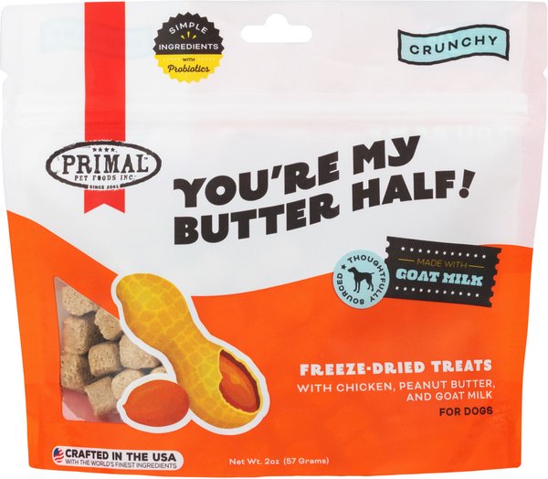 Primal You're My Butter Half Chicken & Peanut Butter with Goat Milk Flavored Crunchy Dog Treats, 2-oz bag slide 1 of 7