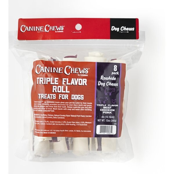 CANINE CHEWS 4inch Triple Roll Chicken, Beef, & Pork Flavored Rawhide Dog Chews, 8 count