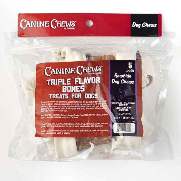 CANINE CHEWS 6inch Triple Chicken, Beef, & Pork Flavored Rawhide Dog Bones, 5 count