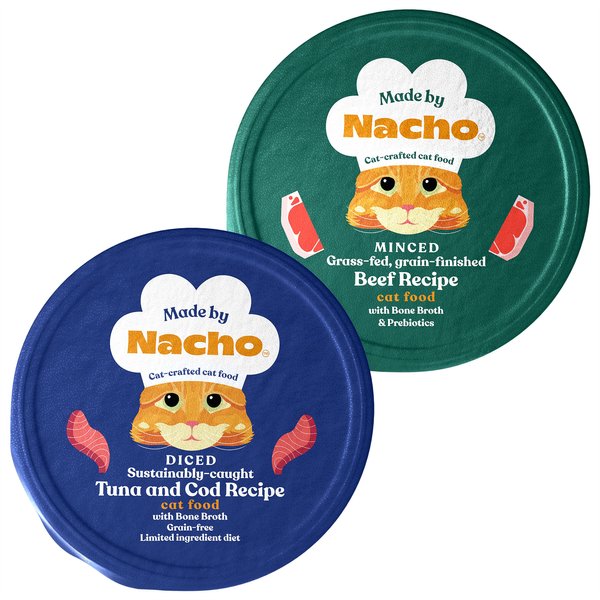 Made by Nacho Diced Tuna & Cod Recipe with Bone Broth + Minced Beef Recipe with Bone Broth Wet Cat Food slide 1 of 2