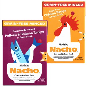 Made by Nacho Pollock & Salmon Recipe in Bone Broth + Chicken Recipe in Bone Broth Minced Wet Cat Food