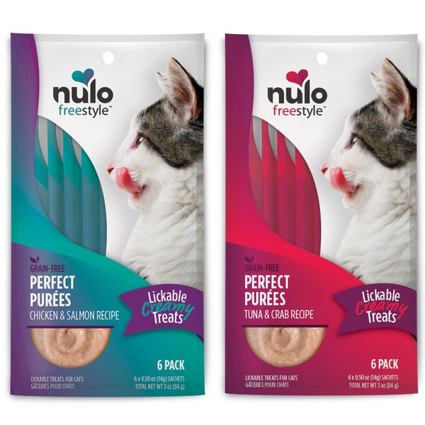 Nulo Freestyle Perfect Purees Chicken & Salmon Recipe + Freestyle Perfect Purees Tuna & Crab Recipe Lickable Cat Treats slide 1 of 9