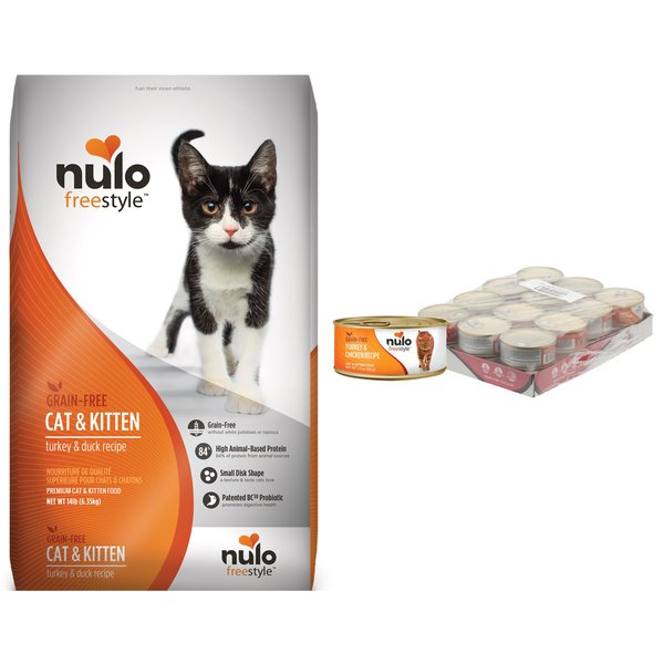 Nulo Freestyle Turkey & Duck Recipe Dry Food + Freestyle Turkey & Chicken Recipe Canned Cat & Kitten Food, 5.5-oz, case of 24 slide 1 of 8