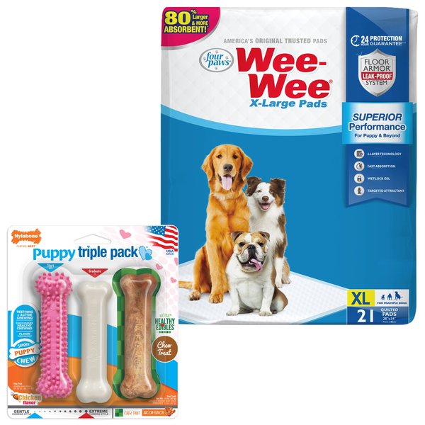 Wee-Wee Puppy Pee Pads, 28 x 34-in + Nylabone Puppy Chew Toy slide 1 of 9
