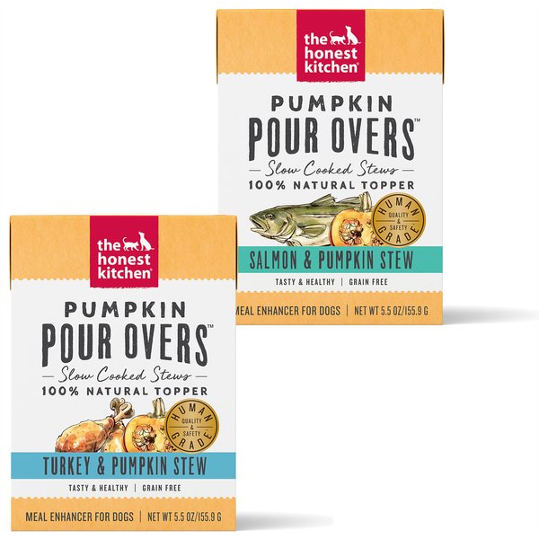 The Honest Kitchen Pumpkin POUR OVERS Turkey & Pumpkin + Pumpkin POUR OVERS Salmon & Pumpkin Stew Wet Dog Food Topper slide 1 of 9
