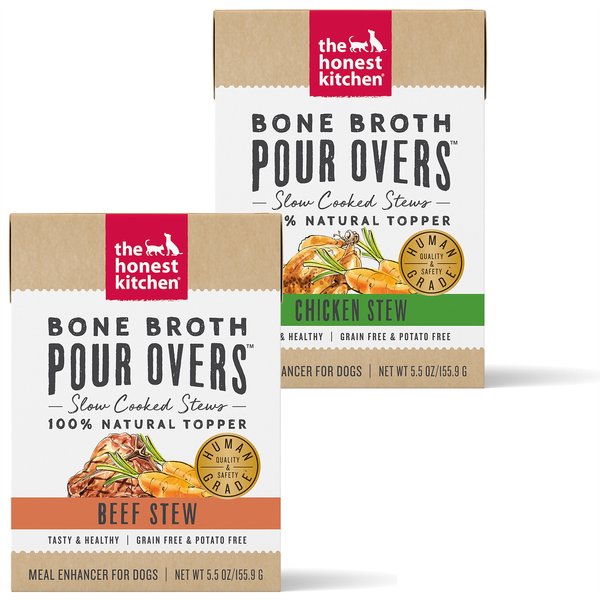 The Honest Kitchen Bone Broth POUR OVERS Beef Stew + Bone Broth POUR OVERS Chicken Stew Wet Dog Food Topper slide 1 of 9