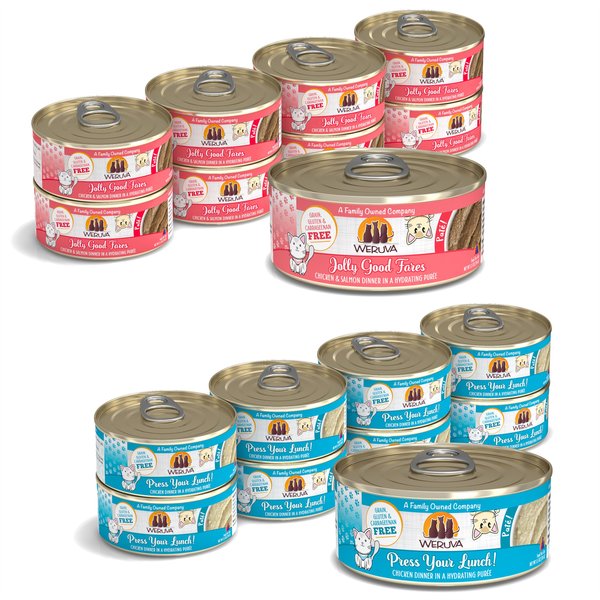 Weruva Classic Cat Press Your Lunch! Chicken Pate + Classic Cat Jolly Good Fares Chicken & Salmon Pate Canned Cat Food slide 1 of 9