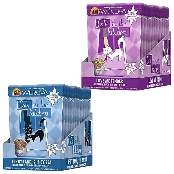 Weruva Cats in the Kitchen 1 If By Land, 2 If By Sea Tuna, Beef & Salmon Recipe + Cats in the Kitchen Love Me Tender Chicken & Duck Recipe Cat Food Pouches slide 1 of 9