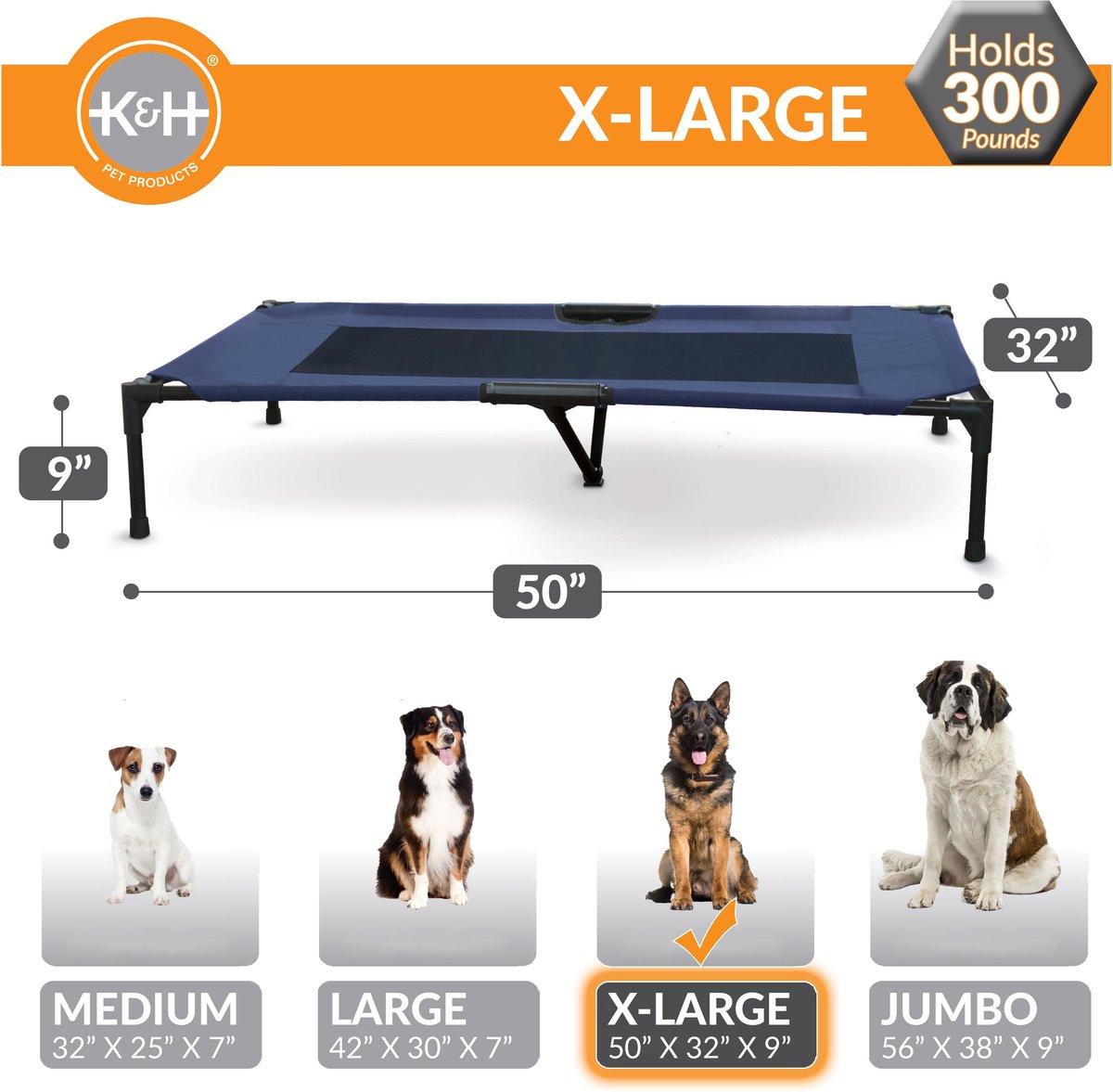 K&H PET PRODUCTS Original Pet Cot Elevated Dog Bed,Blue/Black, XLarge