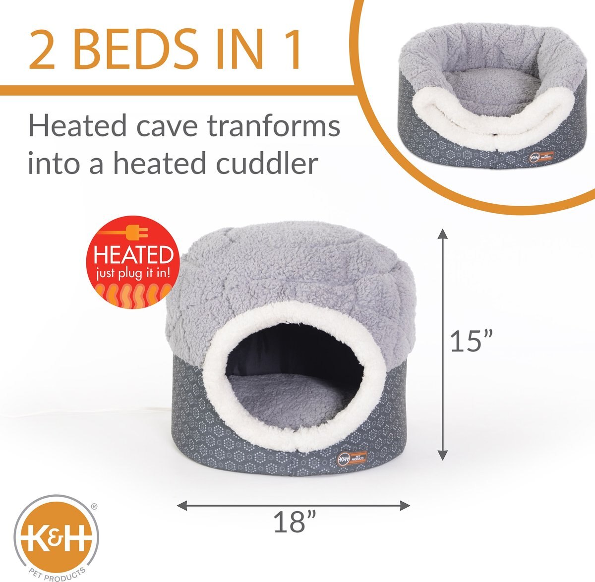 K&H PET PRODUCTS ThermoPet Nest Covered Indoor Heated Cat Bed House, Gray, Small