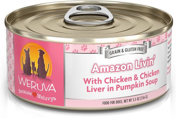 Weruva Amazon Livin' with Chicken & Chicken Liver in Pumpkin Soup Grain-Free Canned Dog Food, 5.5-oz, case of 24 slide 1 of 10