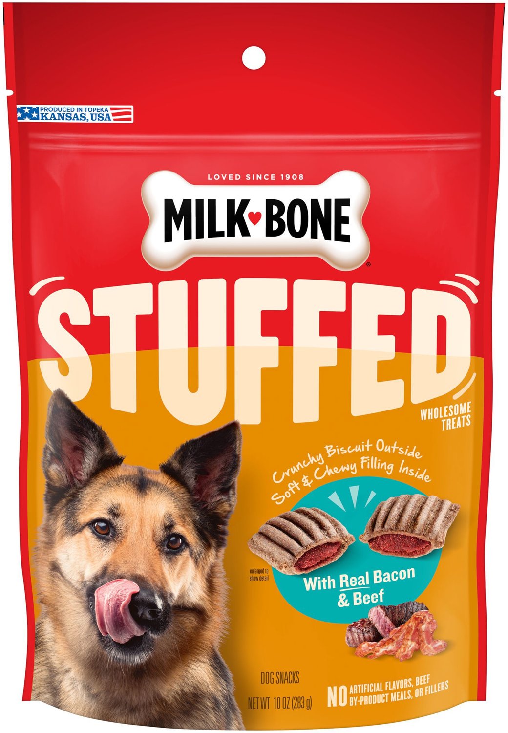 MILKBONE Stuffed Biscuits with Real Bacon & Beef Dog Treats, 10oz box