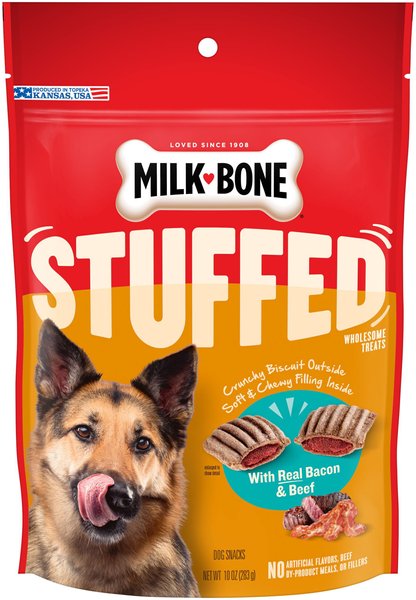 Milk-Bone Stuffed Biscuits with Real Bacon & Beef Dog Treats, 10-oz box, case of 5 slide 1 of 8