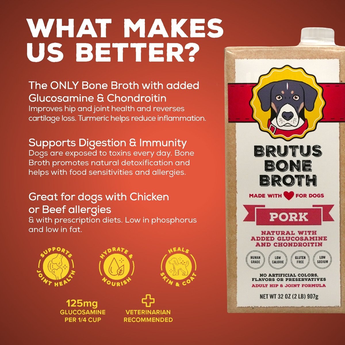 BRUTUS BROTH Pork Flavored GrainFree Bone Broth Dog Food Topping, 32