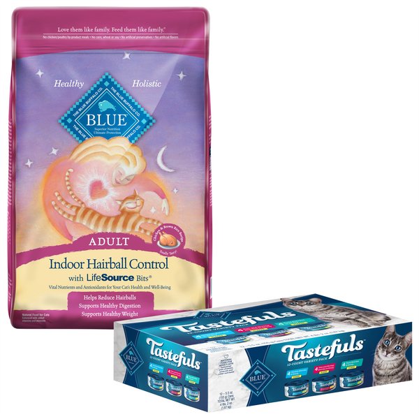 Blue Buffalo Indoor Hairball Control Chicken & Brown Rice Recipe Adult Dry Food + Tastefuls Tuna, Chicken, Fish & Shrimp Entrées Variety Pack Flaked Wet Cat Food slide 1 of 9