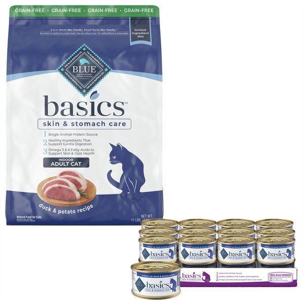 Blue Buffalo Basics Skin & Stomach Care Duck & Potato Indoor Adult Dry Food + Duck & Potato Indoor Adult Canned Cat Food slide 1 of 9