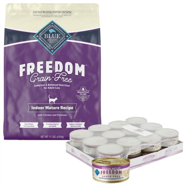 Blue Buffalo Freedom Indoor Mature Chicken Dry Food + Chicken Canned Cat Food slide 1 of 7