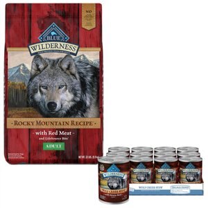 Blue Buffalo Wilderness Rocky Mountain Recipe Red Meat Dry Food + Wolf Creek Stew Hearty Beef Stew Canned Dog Food