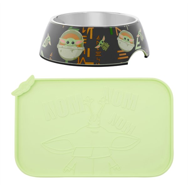 STAR WARS THE MANDALORIAN GROGU Nom Nom Dog & Cat Food Mat, Green + THE MANDALORIAN GROGU AUREBESH with Stand Dog & Cat Bowl, 3.25 cups slide 1 of 9