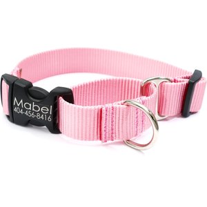 Mimi Green Personalized Nylon Martingale with Black Plastic Buckle Dog Collar, Pink, Medium 1"