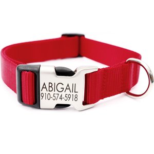 Mimi Green Personalized Nylon w/Metal Hybrid Buckle Dog Collar, Red, Medium 5/8”