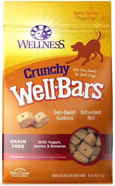 Wellness Crunchy WellBars Grain-Free Yogurt, Apples & Bananas Baked Dog Treats, 45-oz bag slide 1 of 6