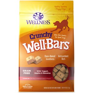 Wellness Crunchy WellBars Grain-Free Yogurt, Apples & Bananas Baked Dog Treats, 45-oz bag