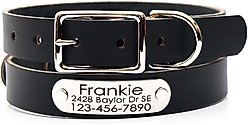 Mimi Green Leather with Personalized Name Plate Dog Collar, Black, Small 5/8"