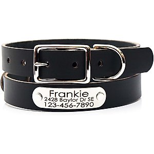 Mimi Green Leather with Personalized Name Plate Dog Collar, Black, Small 1"