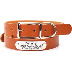 Mimi Green Leather with Personalized Name Plate Dog Collar, Tan, Medium 5/8"